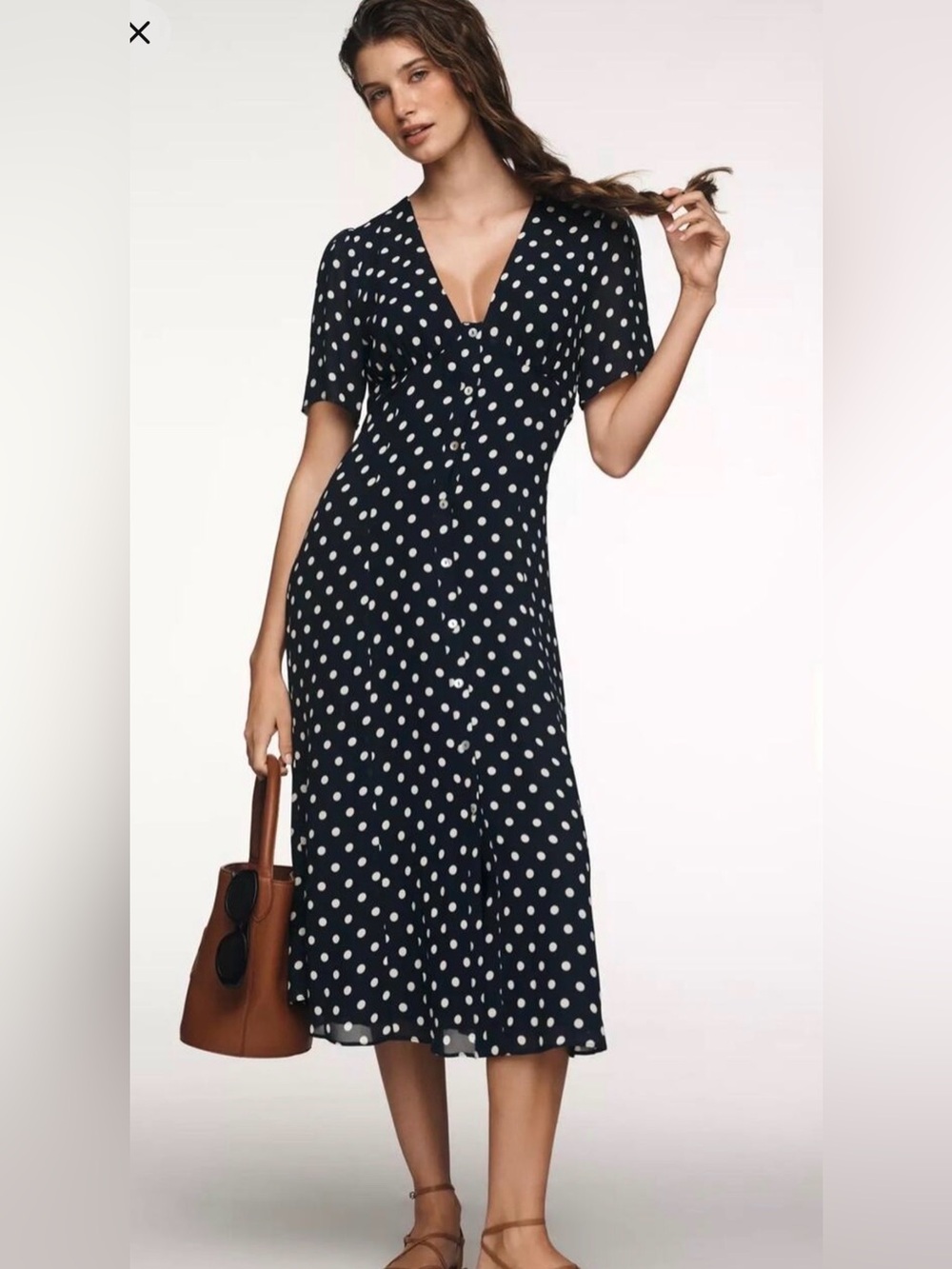 NWT! Reformation Lise Navy Polka Dot Button-Front Midi Dress